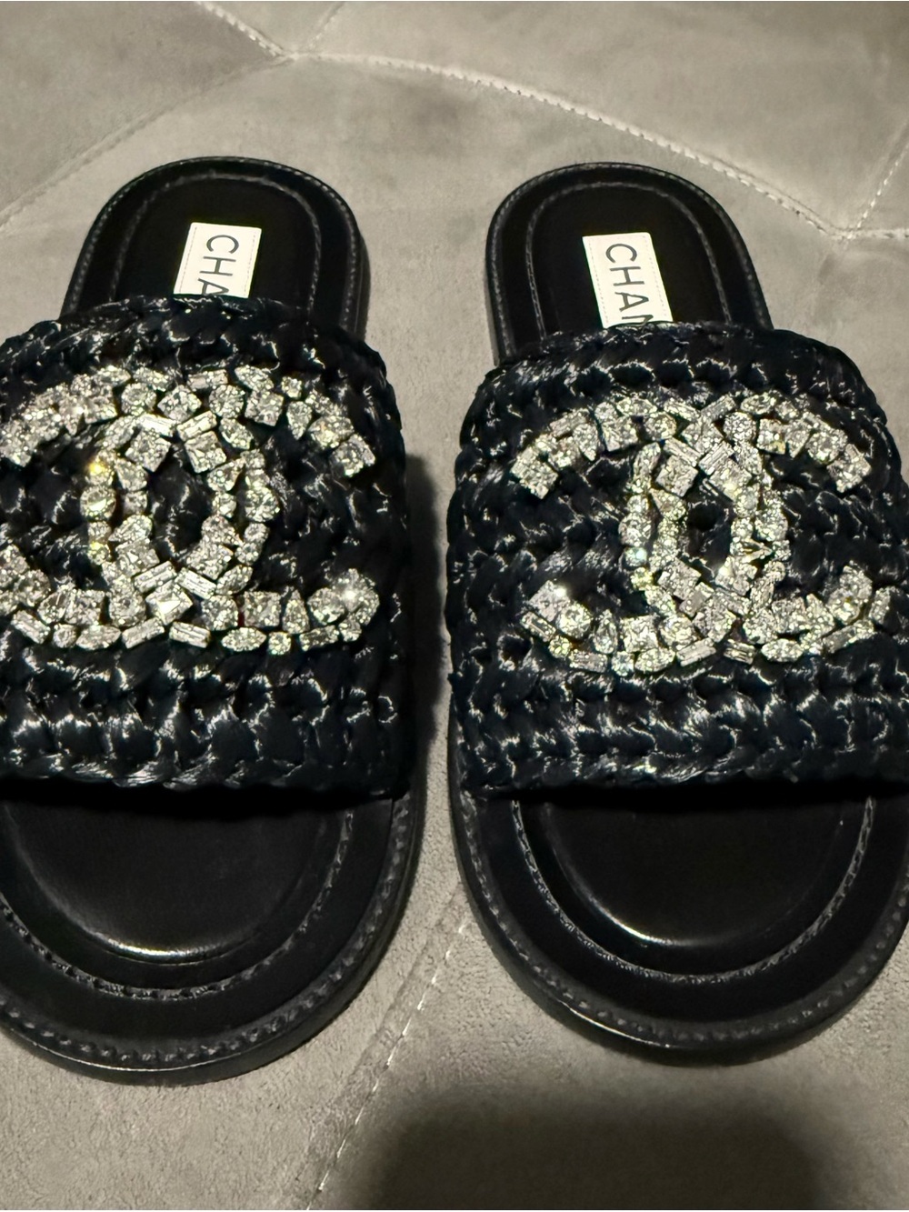 Chanel Black Raffa with Crystal CC Slides